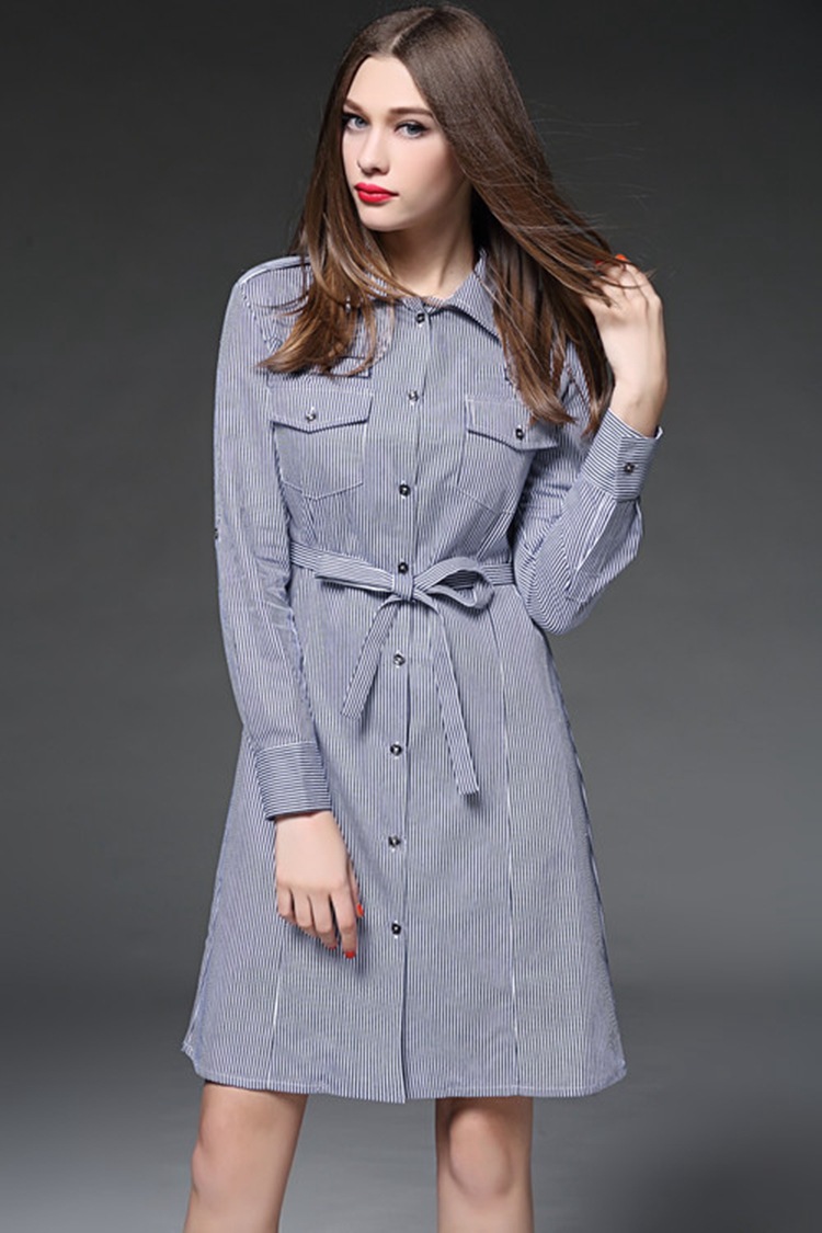 2016春夏装新款连衣裙 欧洲站蓝色条纹棉料显瘦系腰带连衣裙批发