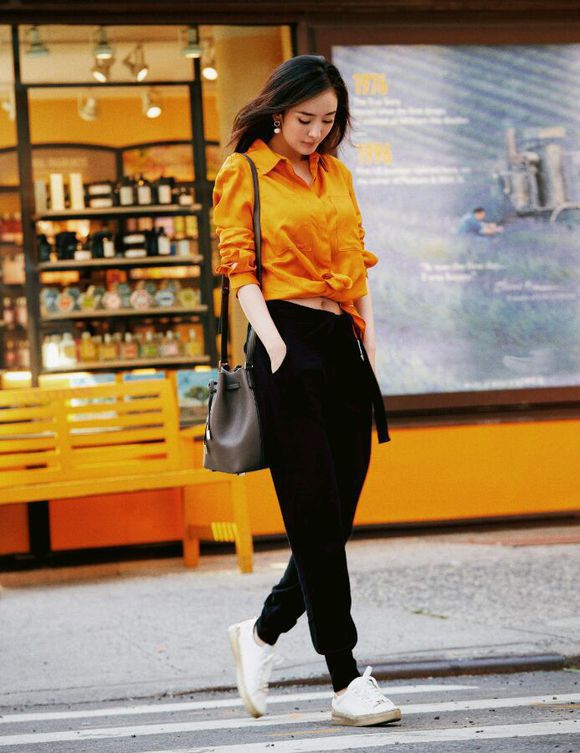 2016新款杨幂明星同款时尚搭配橙色衬衫 黑色哈伦裤两件套