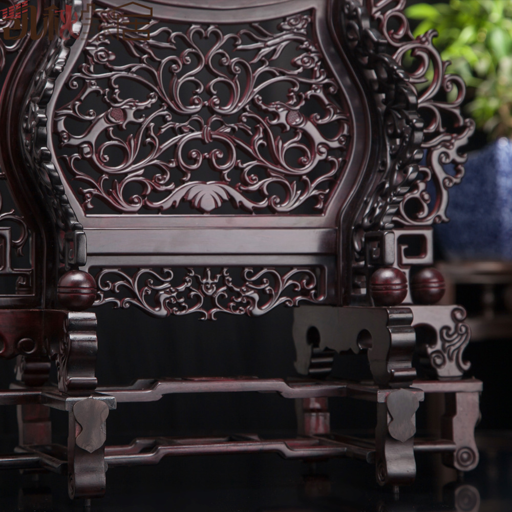 凯秋木雕红木工艺品摆件紫光檀镶大理石插屏台屏创意雕刻装饰礼品