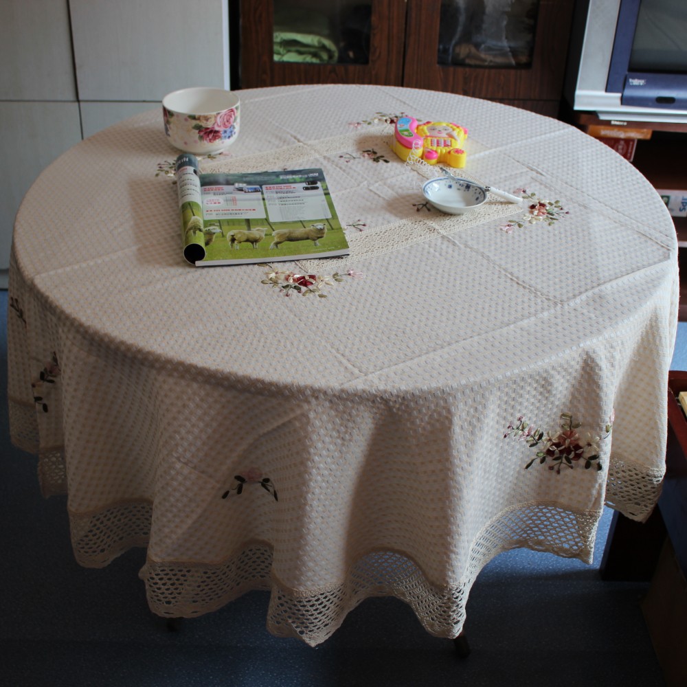 丝带绣桌布台布亚麻手绣桌布多用巾棉线边一件代发150/180/230圆