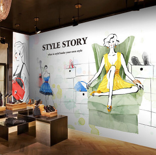 手绘简约潮流服装店壁纸壁布商场品牌女包店女装店背景墙大型壁画