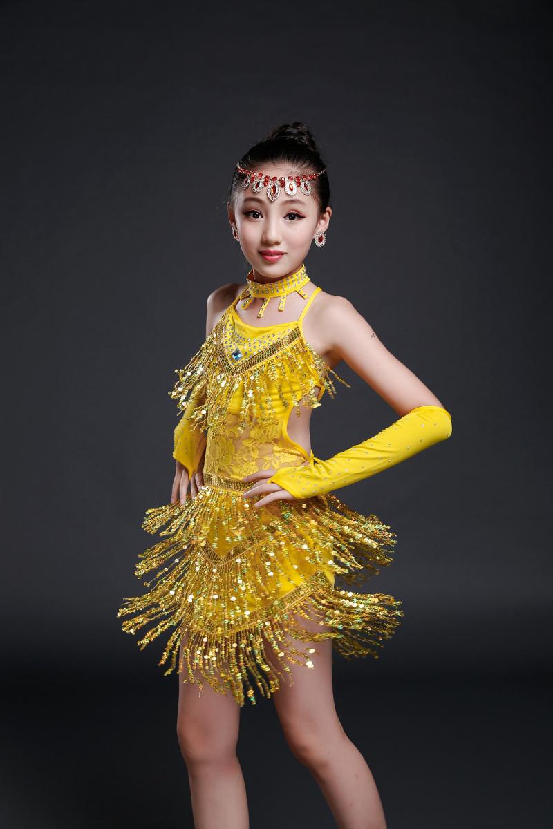 儿童拉丁舞演出服少儿女童拉丁舞表演比赛演出服装新款亮片流苏裙