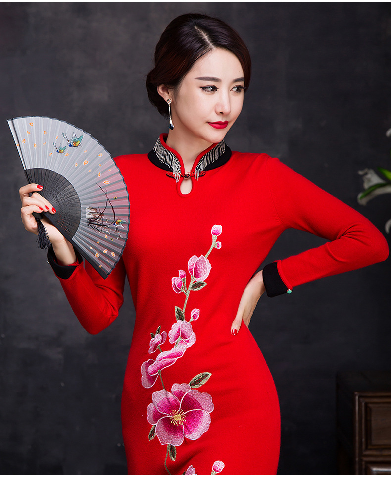 2017秋冬新款 韩版修身打底针织衫印花半高领长款旗袍厂家直销