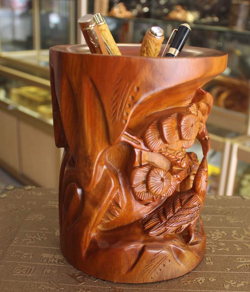 18*15cm草花梨实木雕刻花鸟笔筒 居