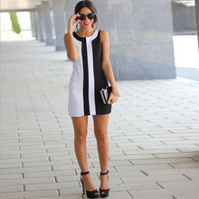 欧美夏季新款女装 黑白拼接拼色圆领无袖连衣裙 NJ2483 一件代发