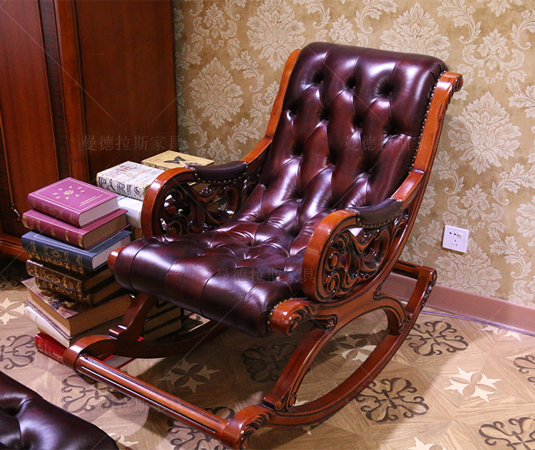 欧式摇椅美式实木雕花真皮摇椅别墅卧室休闲椅老人躺椅子
