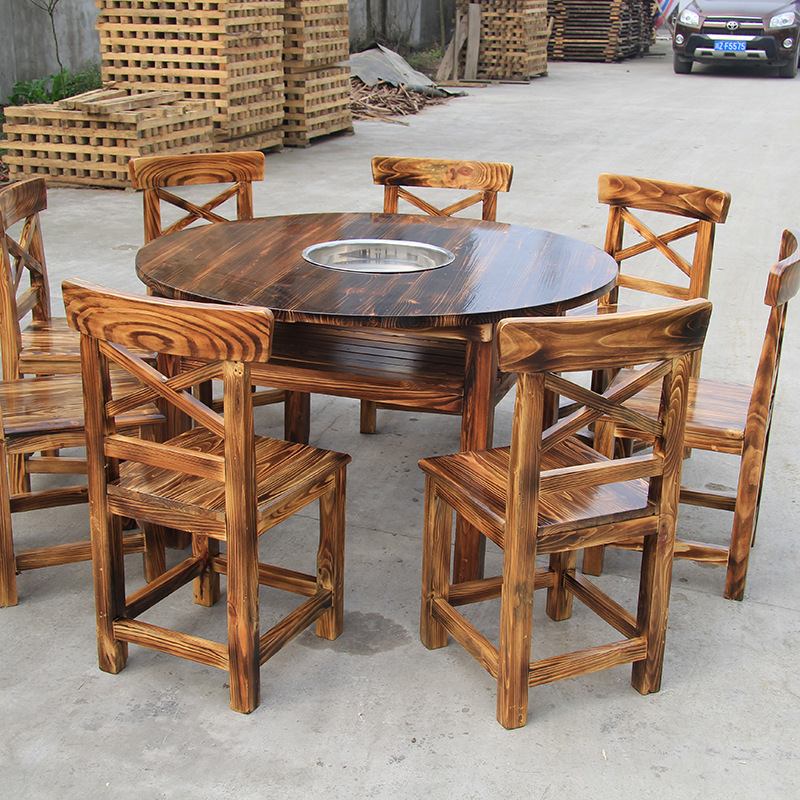 实木炭烧防腐木桌椅组合饭店餐桌椅农家乐八仙桌烧烤火锅圆桌批发