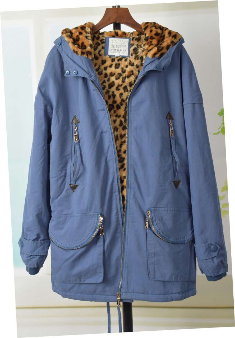 其其服饰2016冬装新款女士韩版加绒豹纹连帽水洗棉棉衣外套潮