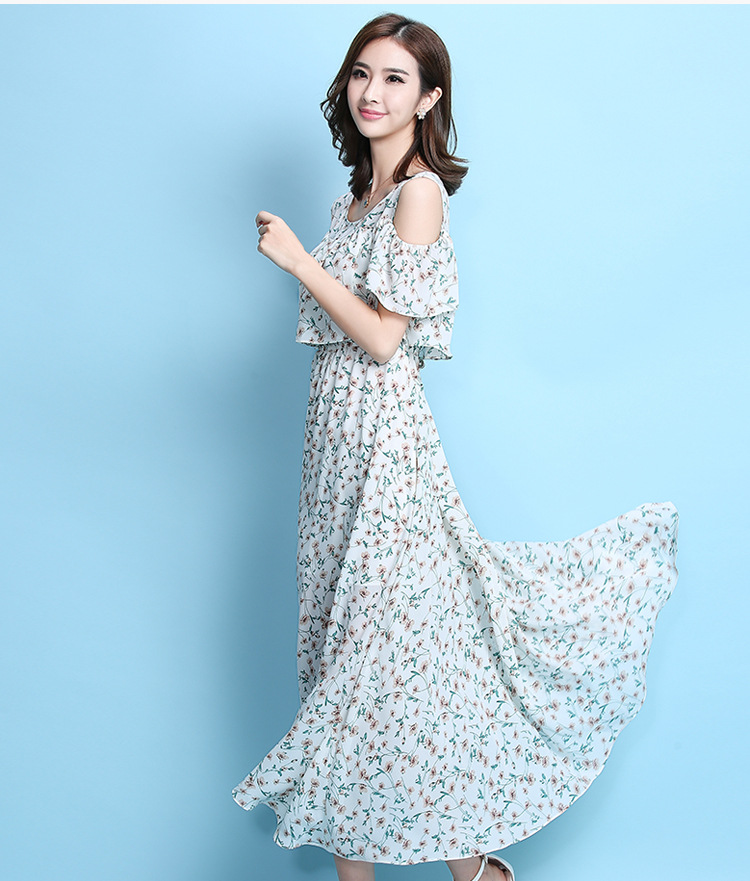 夏季雪纺连衣裙波西米亚长裙中长款修身收腰露肩度假沙滩裙子