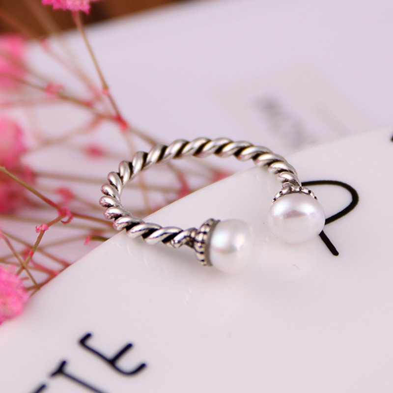 s925银戒指女士开口韩版编织复古仿白珠戒指做旧时尚女款指环饰品