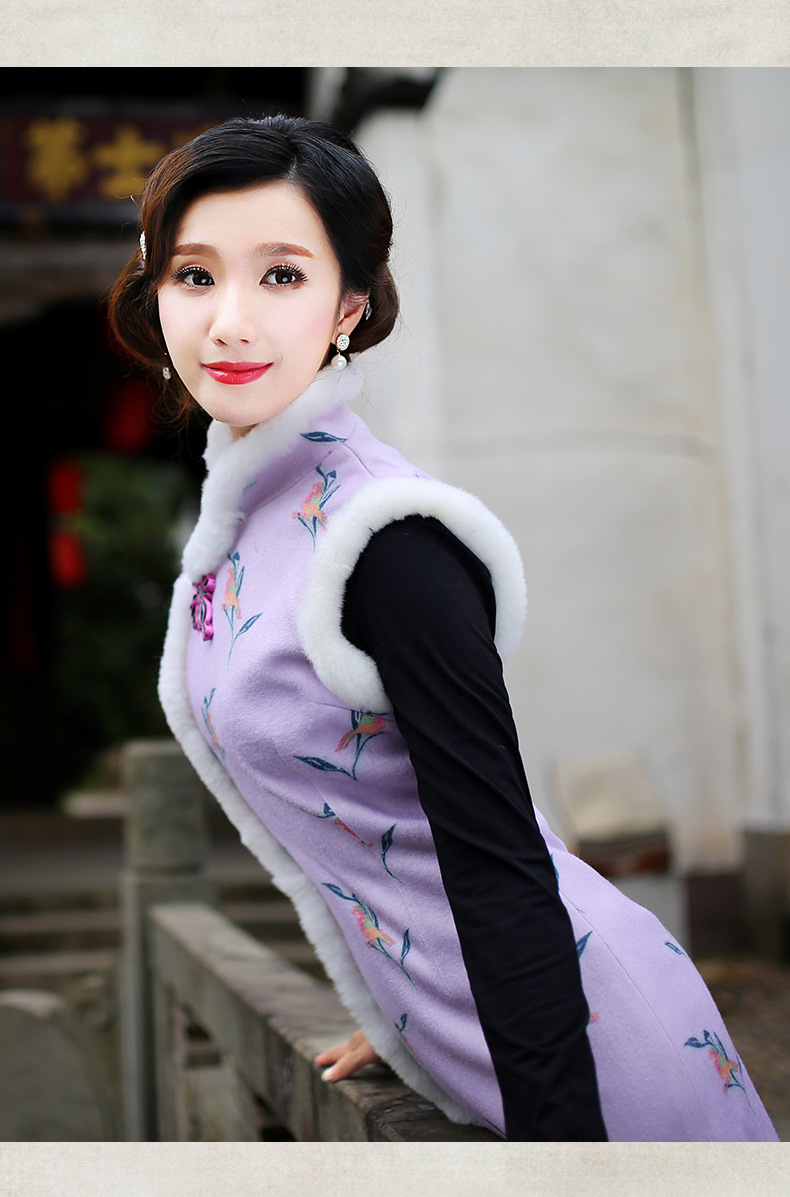 新款旗袍连衣裙 2016冬装改良毛呢毛领保暖修身复古旗袍裙