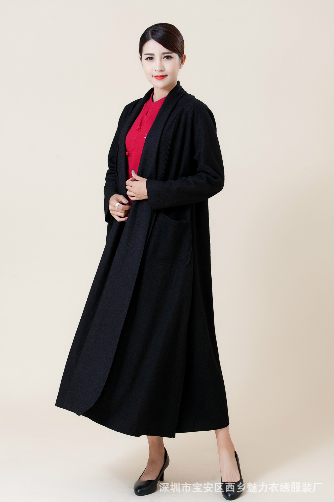 魅力衣绣民族风女装秋冬新款羊毛呢长外披绣花牡丹花长袍开衫外套