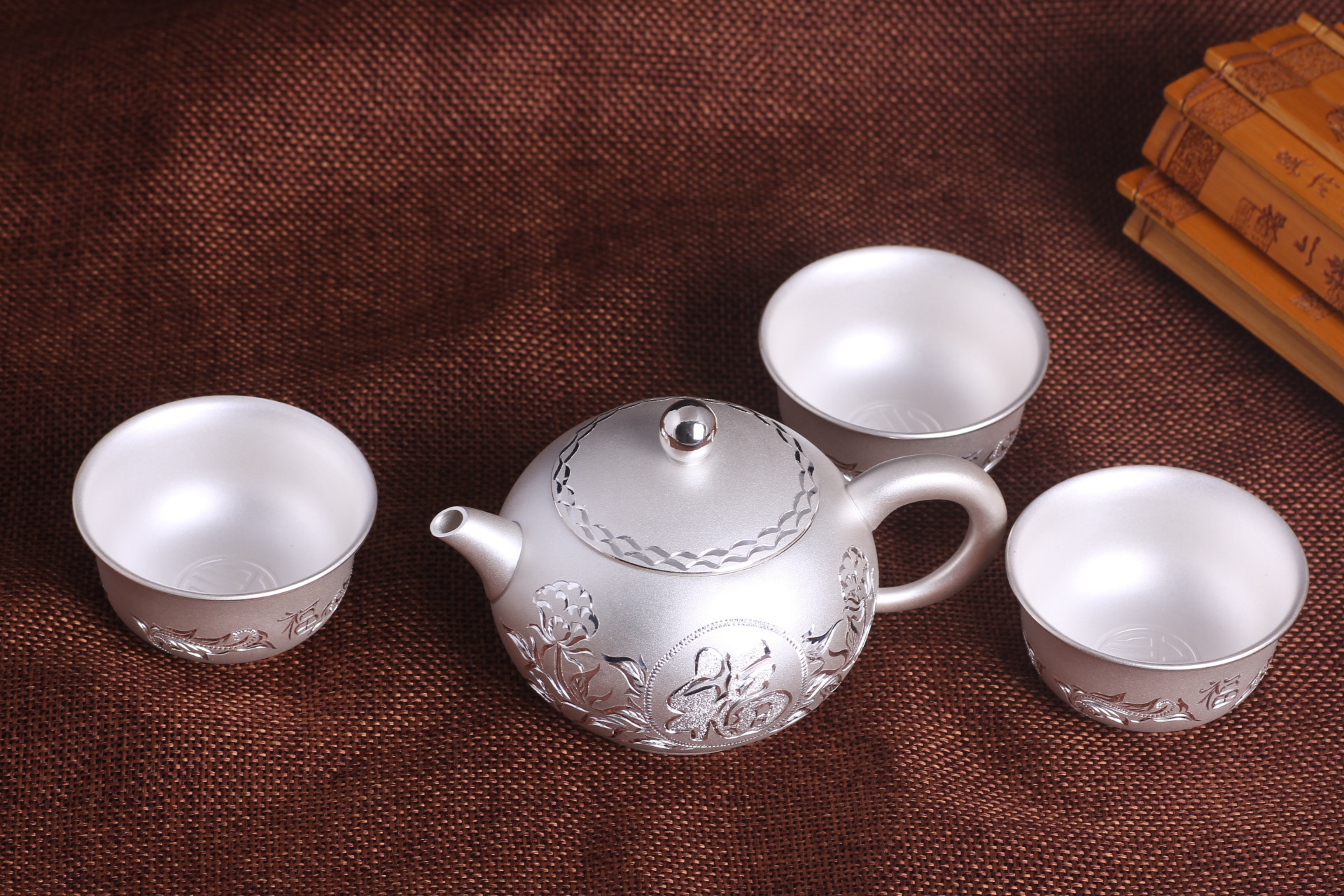 德豪珠宝福字手雕银茶具足银999银茶杯工艺品摆件