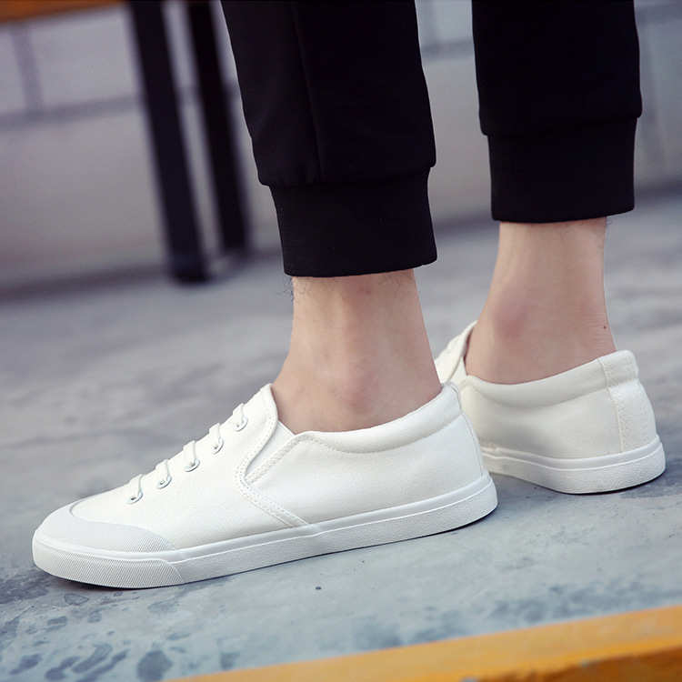 秋季男鞋休闲鞋假系带一脚蹬懒人鞋帆布鞋男白色套脚平底鞋子330
