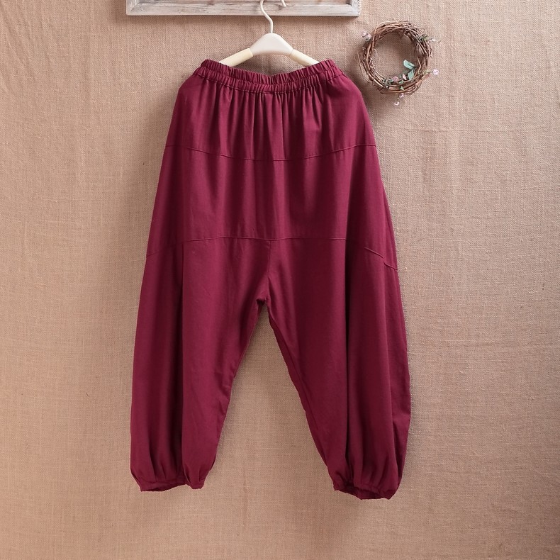 初秋新款棉麻女式灯笼裤 大码宽松女长裤子亚麻松紧腰灯笼裤