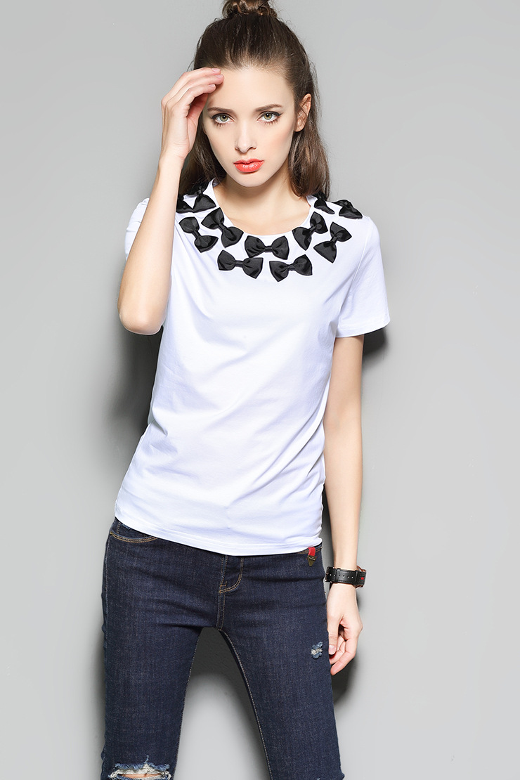 2017女装 运动风 春夏新款 圆领立体蝴蝶结装饰棉布短袖百搭t恤