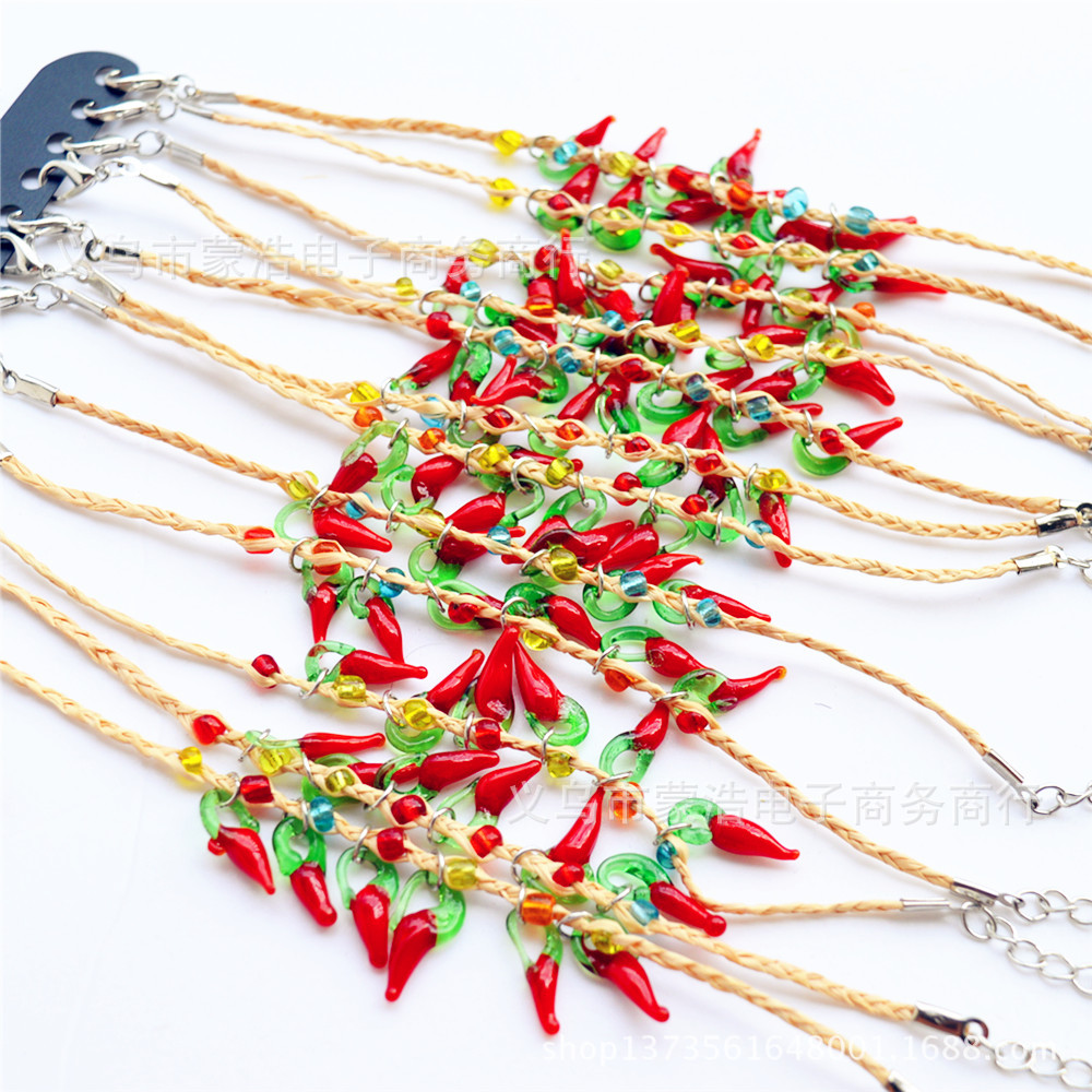 新款时尚拉菲草绳手链琉璃小辣椒手工编织许愿手链情侣手链