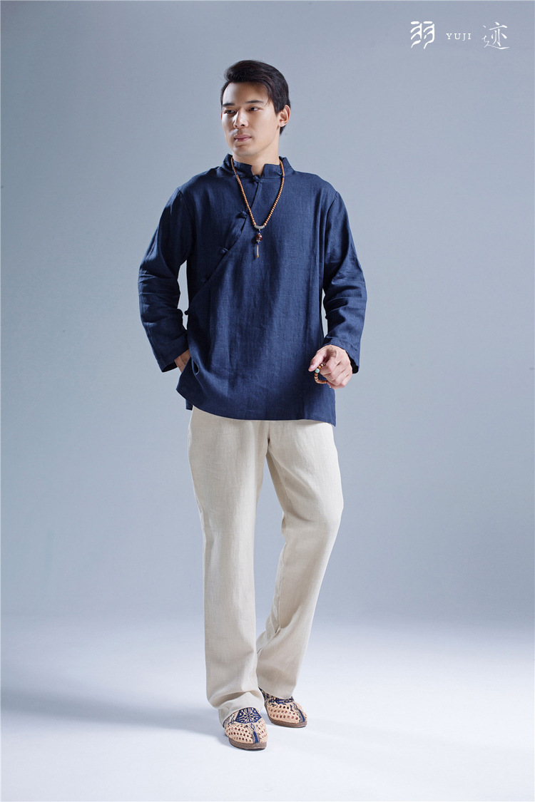 中国风男装 中式改良立领斜襟盘扣长袖男上衣春秋大码亚麻男式t恤