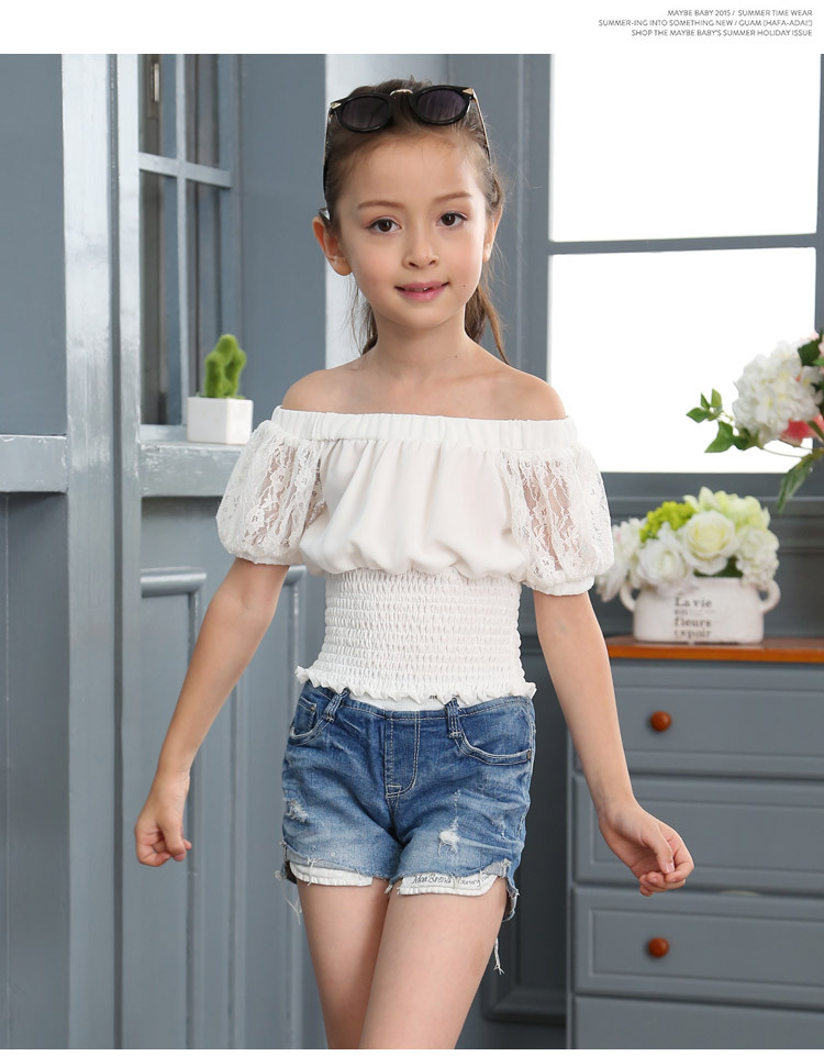 夏装韩版中大童女童一字领露肩t恤短袖儿童雪纺衫白色公主上衣潮