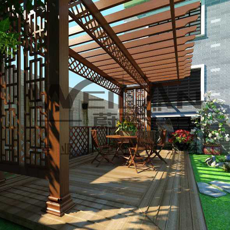 铝合金葡萄架应用优势:木纹铝型材应用性强,适应于室内外各类场合,而