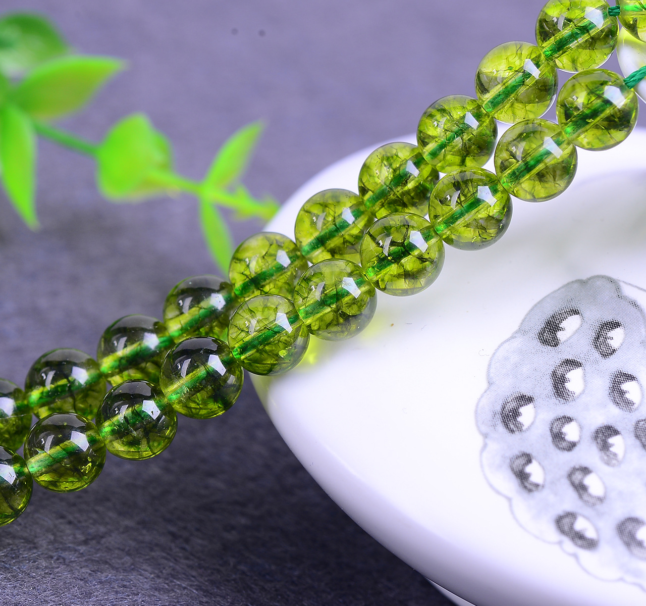 天然水晶 橄榄绿爆花晶散珠橄榄绿半成品圆珠 diy饰品串珠批发