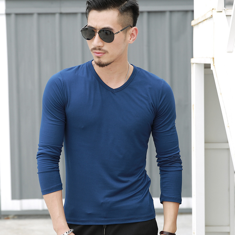 Men's Long-Sleeved Solid Color T-shirt V-neck T-shirt Solid Color Men's Long-Sleeved T-shirt Spring and Autumn Leisure Bottoming Shirt One Piece Dropshipping