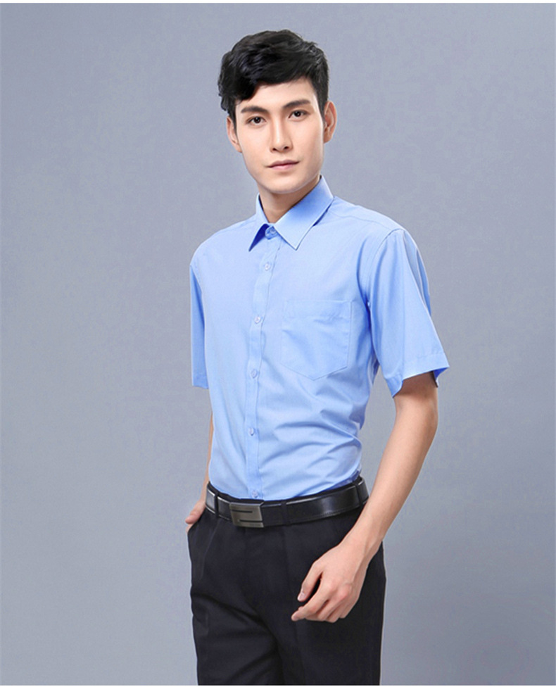 衬衣工作服厂服定做夏季短袖蓝色男女免烫工衣v领衬衫定制logo