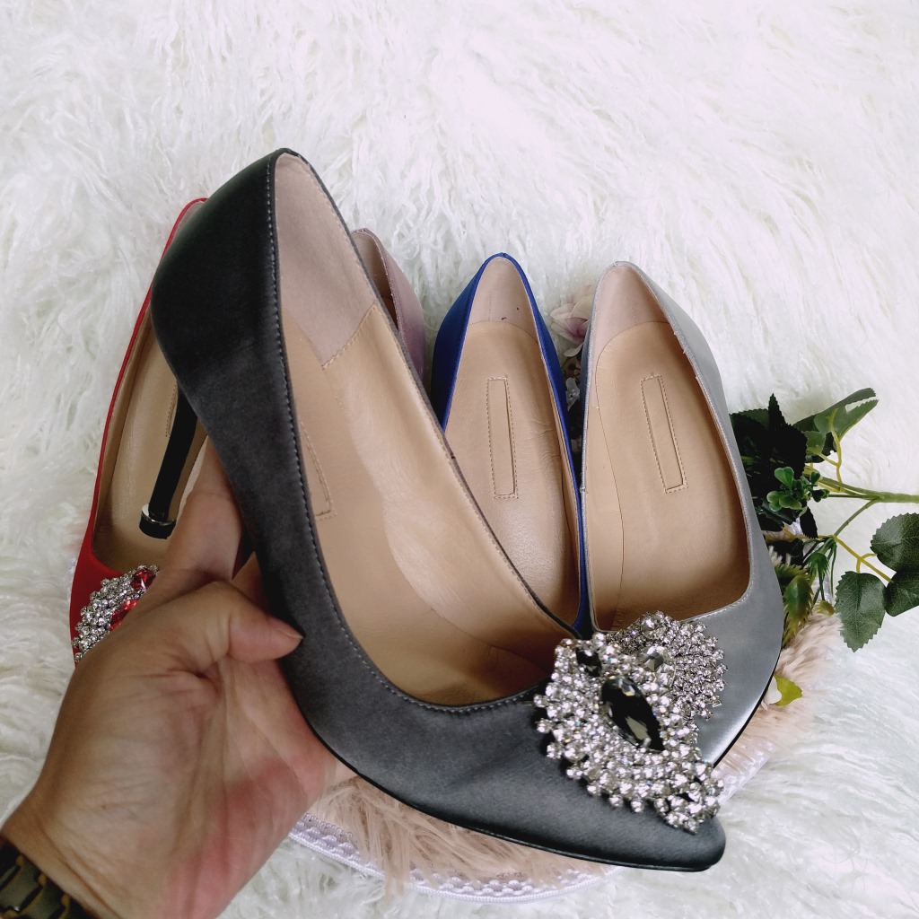 2016春夏新款尖头高跟女鞋细跟绸缎单鞋浅口方扣水钻真丝婚鞋-丝绸