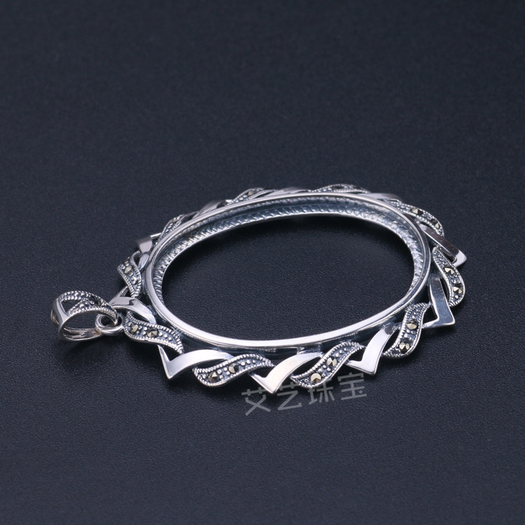 批发925银吊坠空托 泰银复古马克赛坠托 diy蜜蜡坠子空托28*38