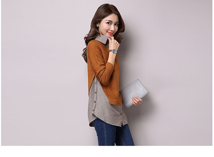 2016秋季翻领拼接针织衫假两件套大码套头上衣外套 厂家批发热卖