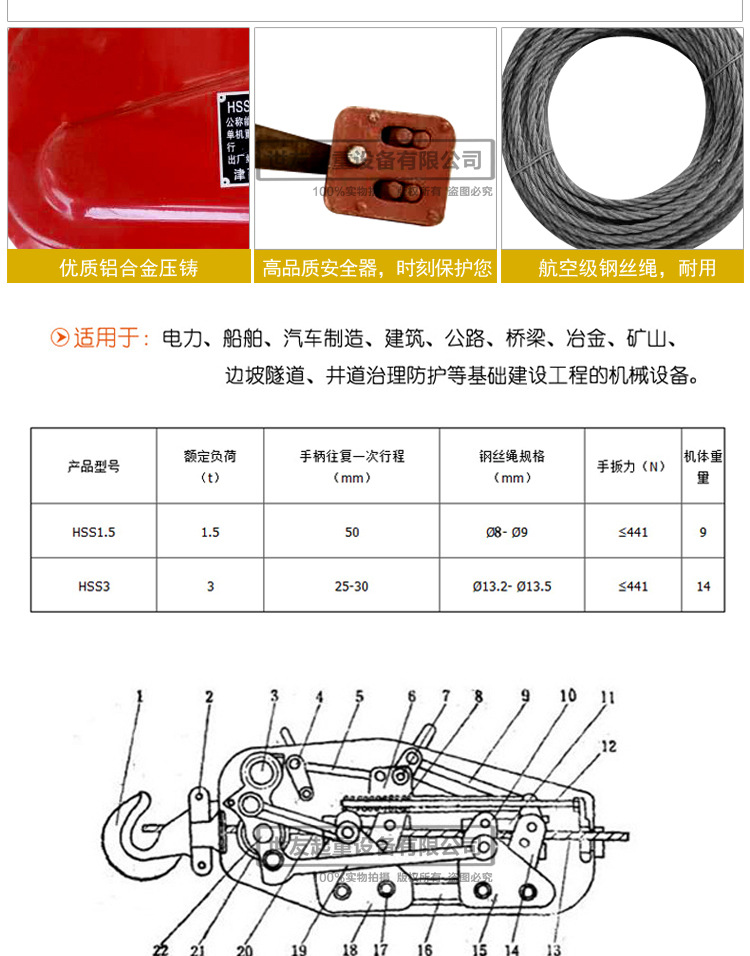 外墙起重工具起重葫芦 牵引手摇吊篮 钢丝绳手扳葫芦1.5吨葫芦头