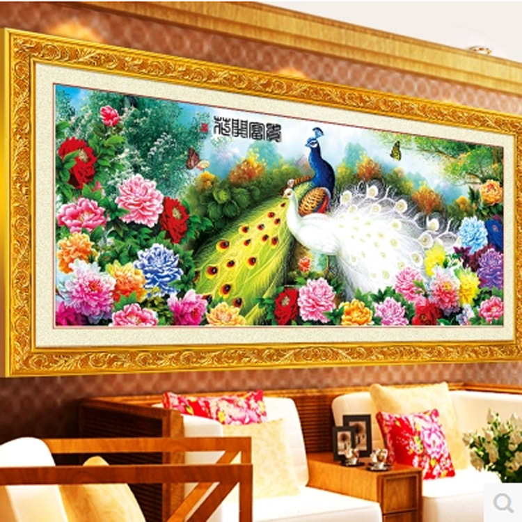 钻石画满钻客厅大幅钻石十字绣花开富贵孔雀牡丹花2米新款满钻