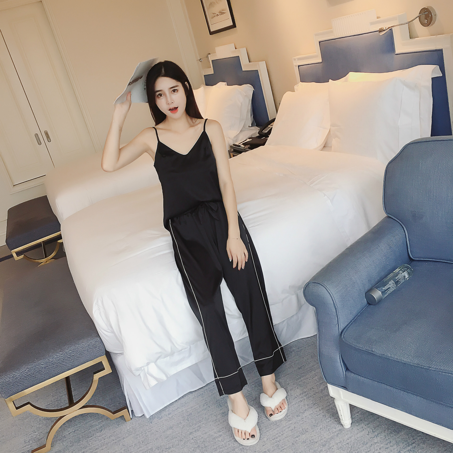 仿真丝吊带 长裤两件套女士居家服气质爆款睡衣大码