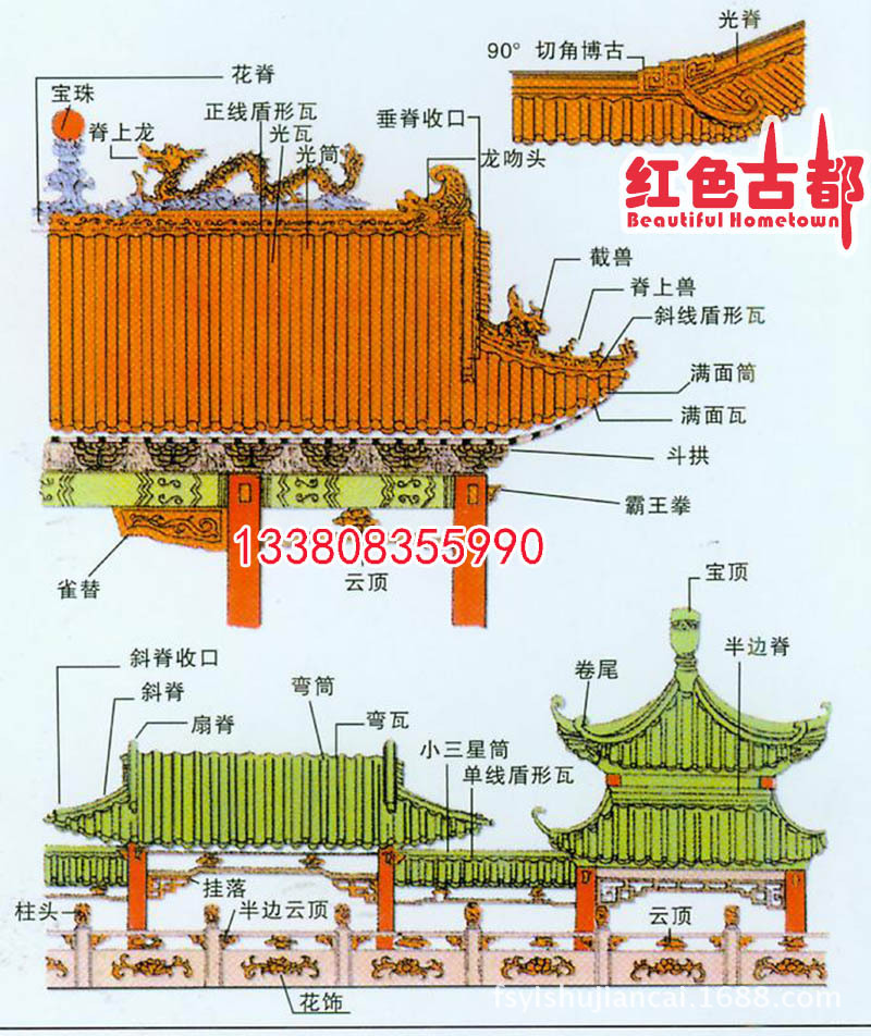 佛山陶瓷 牌坊 祠堂 中式别墅 寺庙钴蓝色琉璃瓦花筒 勾头 满面筒