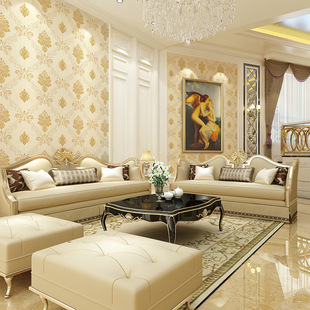 欧式大马士革提花无缝非自粘墙布无纺底壁布客厅电视背景墙壁纸