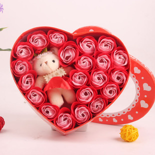 情人节创意活动礼品21朵玫瑰熊香皂花礼盒结婚赠品妇女节礼物批发