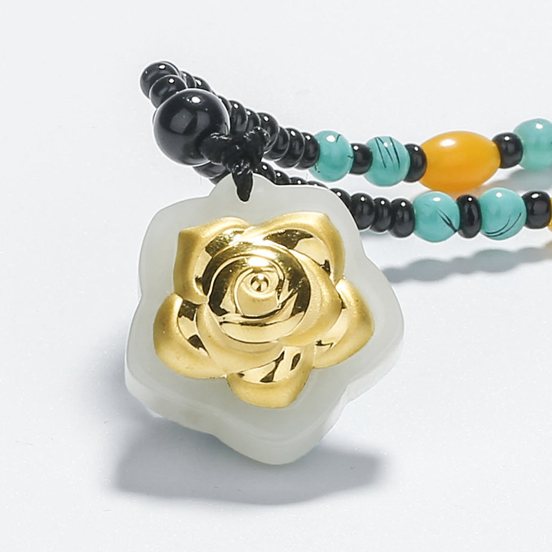 母亲节礼物金镶玉玫瑰花吊坠女和田玉镶足金吊坠项饰送妈妈礼品