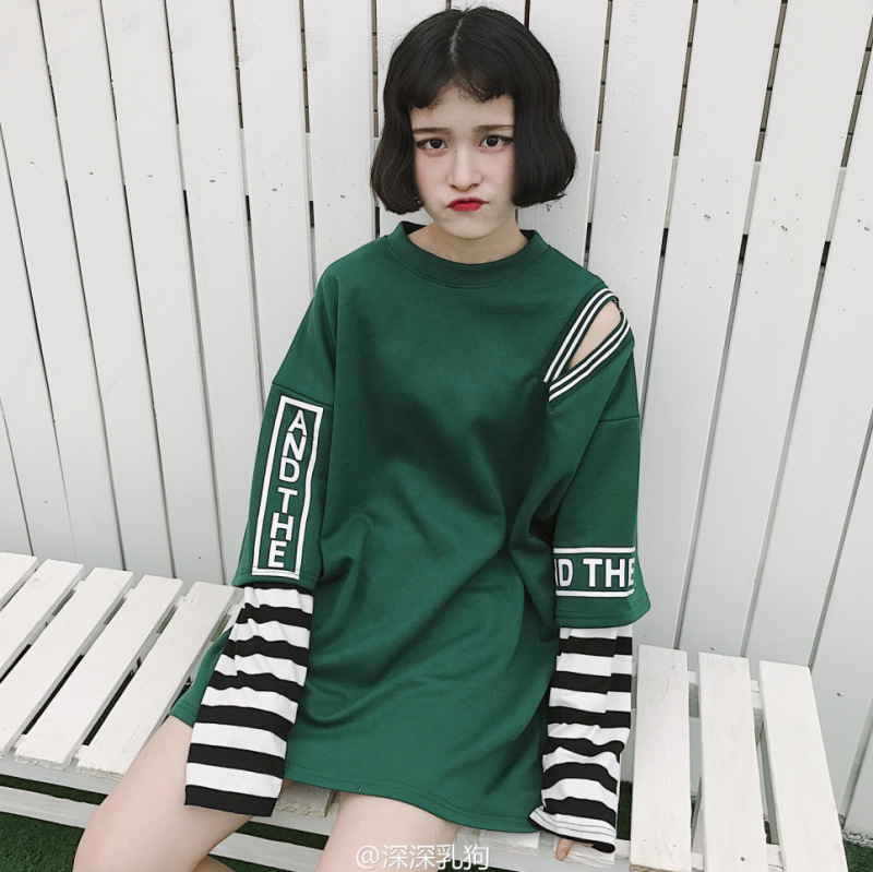 一件代发中性衣服 帅气女女款t 假两件长袖t恤韩版原宿bf宽松潮中