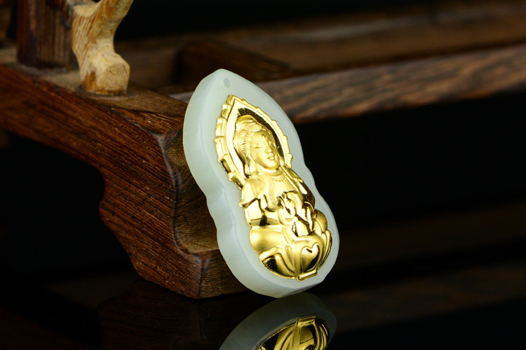 厂家直销金镶玉观音吊坠 天然和田玉镶嵌黄金菩萨保平安一件代发