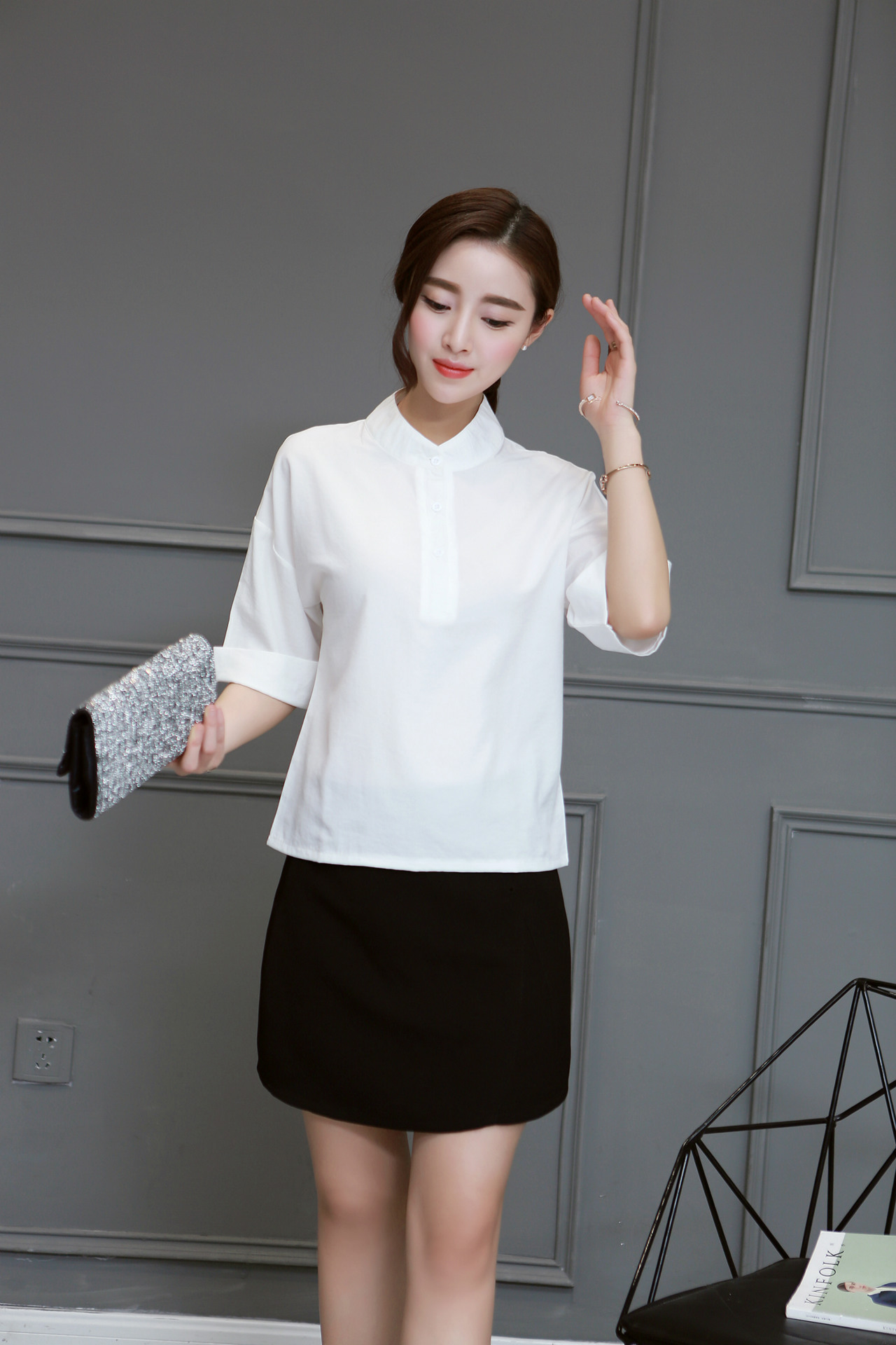 2020春夏新款小清新立领纯色白衬衫女韩范宽松显瘦短袖上衣女学生