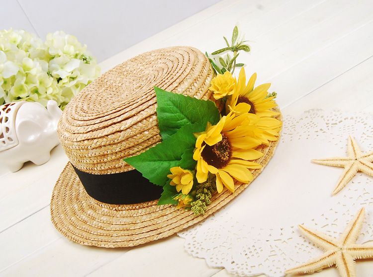 啦啦蜜 田园风向日葵手工花朵平顶帽 度假造型草编帽子春夏天草帽