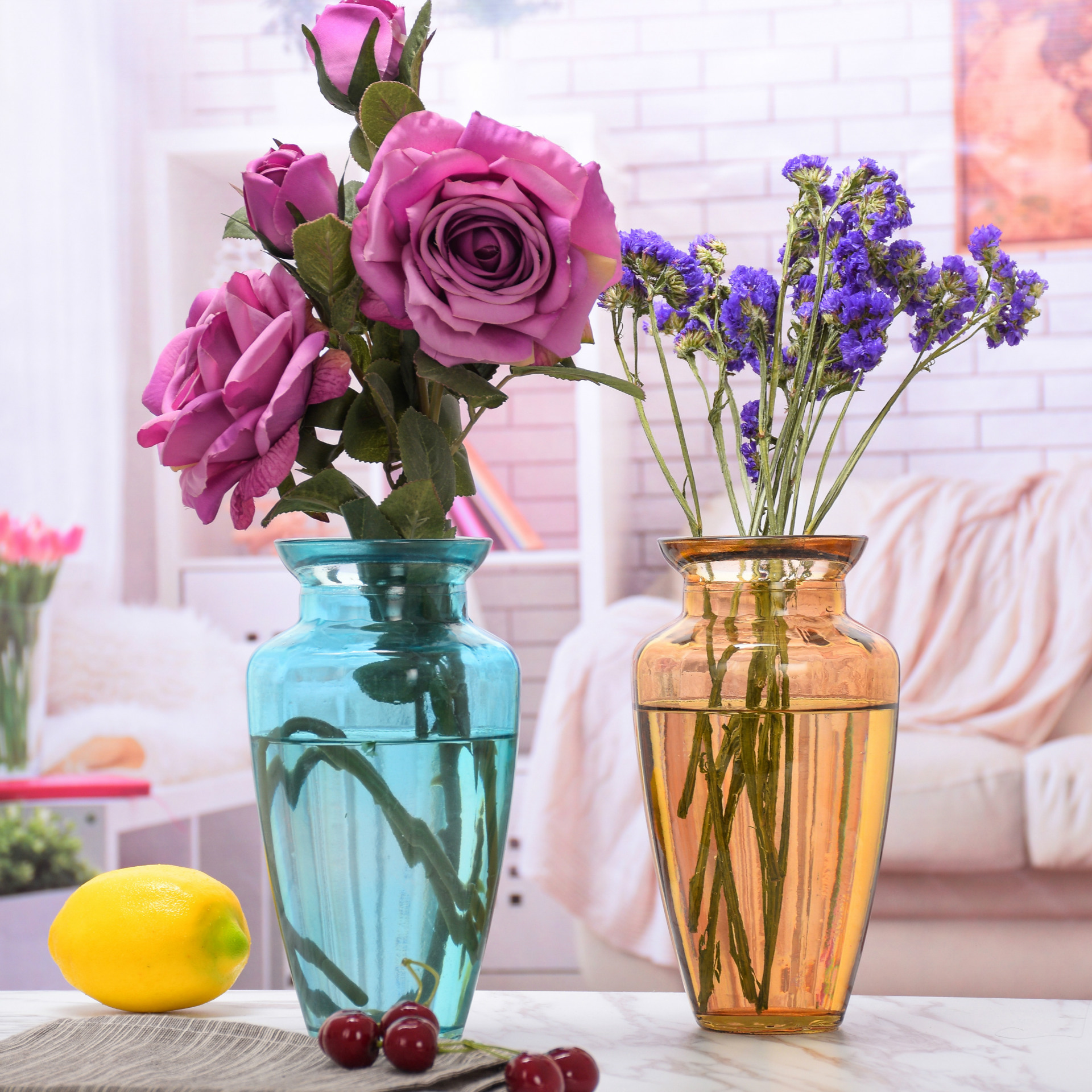 创意小清新欧式彩色玻璃花瓶水培透明时尚花瓶家居饰品 摆件