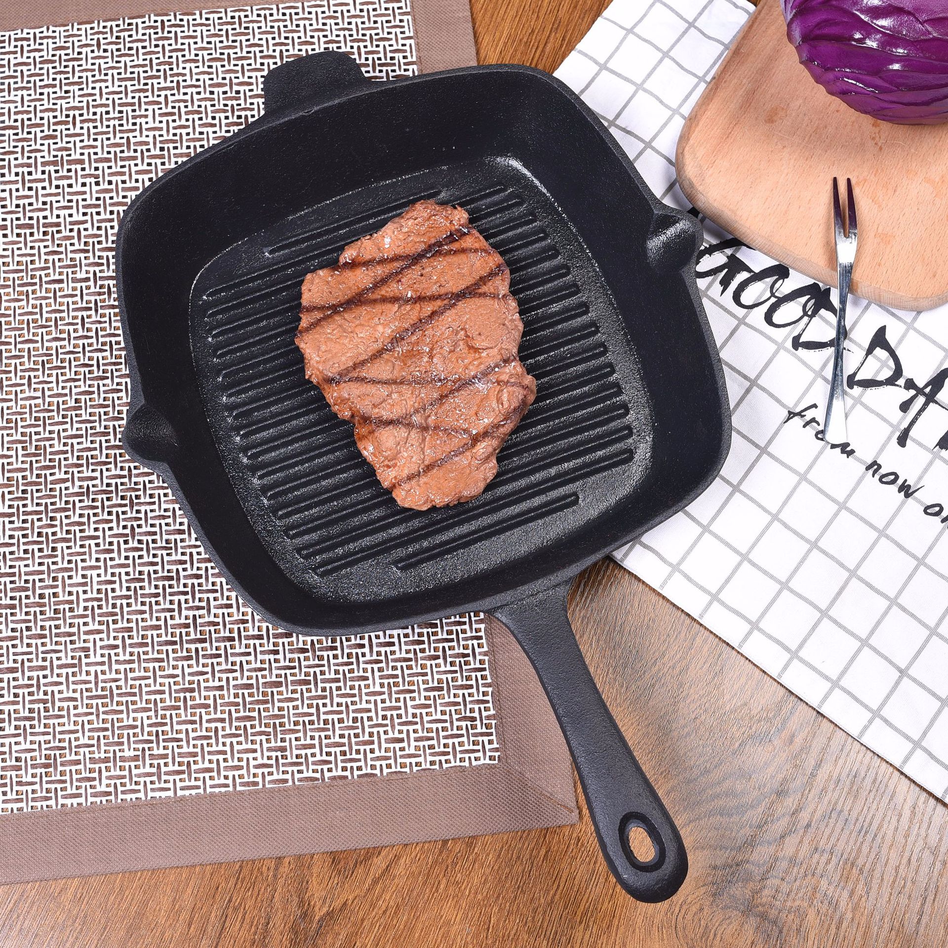 厂家直销铸铁牛排煎锅 方形无涂层平底锅可定制logo条纹加厚煎盘