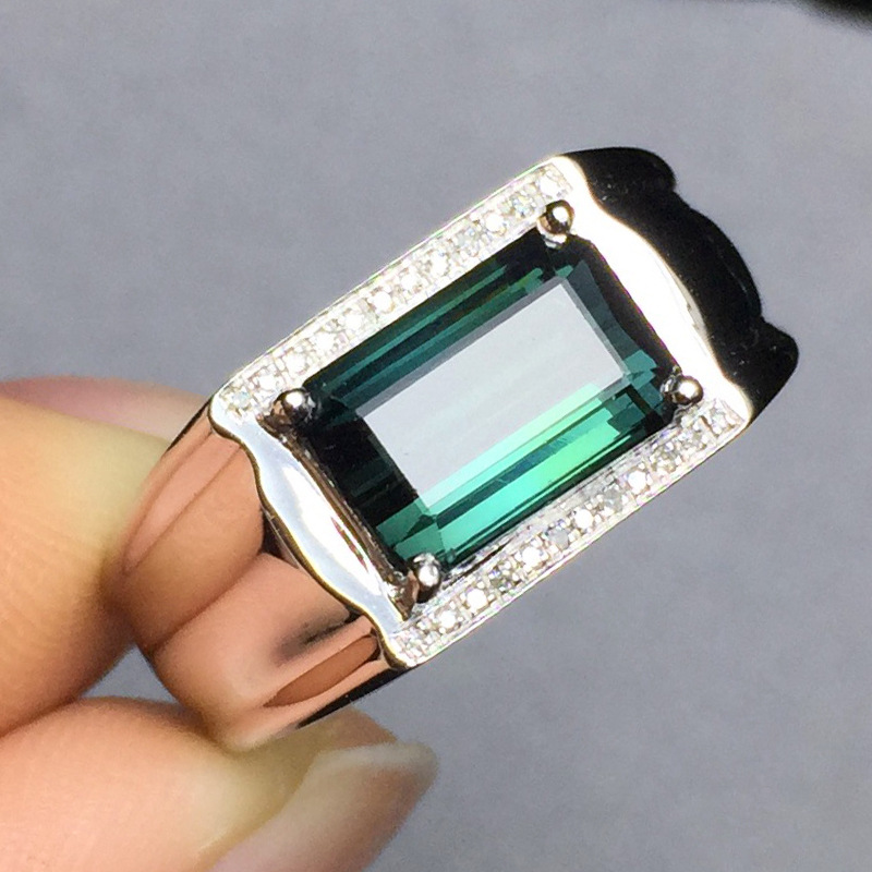 一件代发 天然蓝绿碧玺戒指男款18k白金镶嵌彩色宝石戒指 配证书