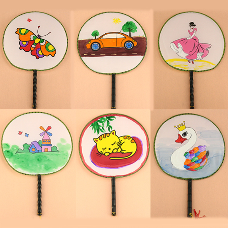 儿童空白团扇圆扇绘画绢布扇子描线宫扇幼儿园手工diy制作材料