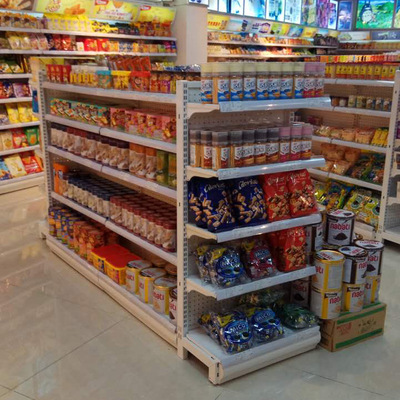 厂家直销进口食品超市货架 铁质便利店双面中岛零食展示架定做