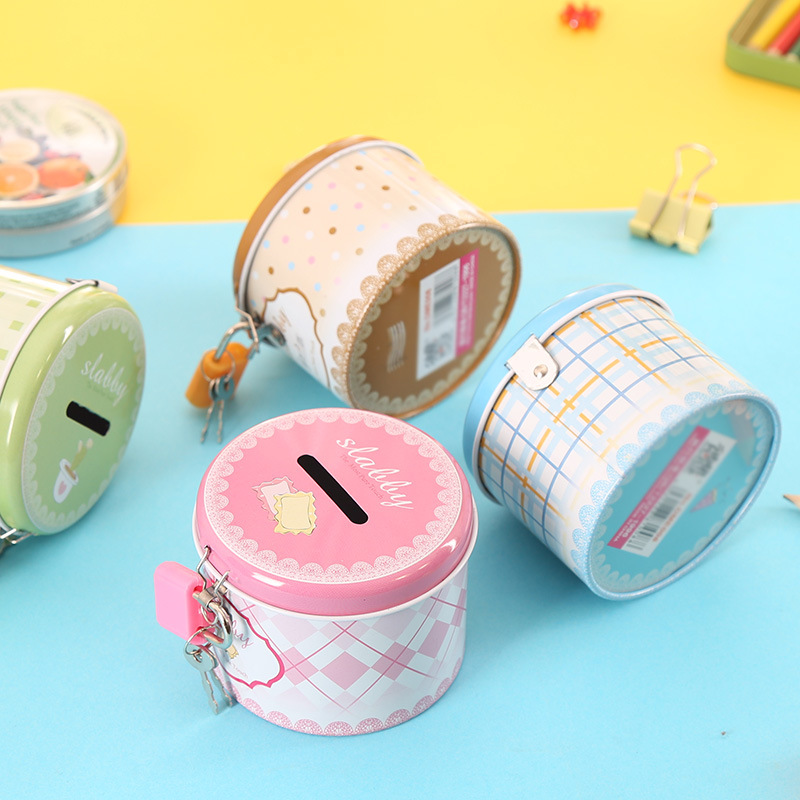 Round Money Box Cartoon Creative Korean Version Tinplate Piggy Bank Kindergarten Children's Holiday Gift Iron Box with Lock