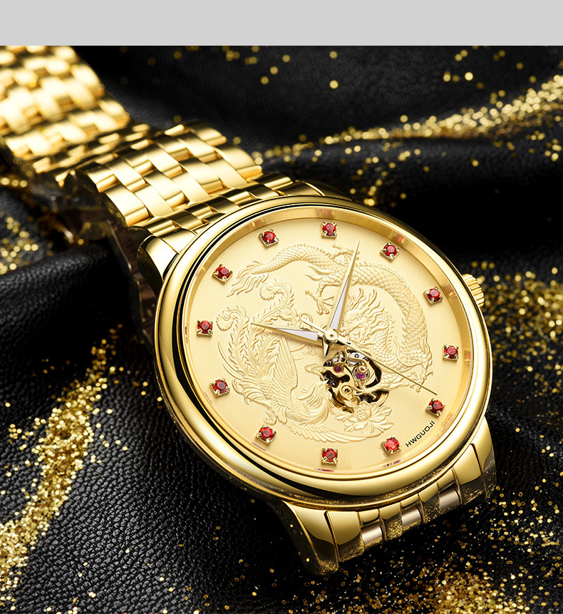 定制加工金色龙凤表全自动机械表夜光防水镂空性价比厂家一件代发