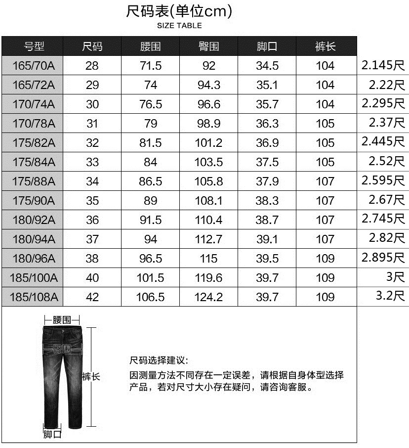 牛仔裤尺码表