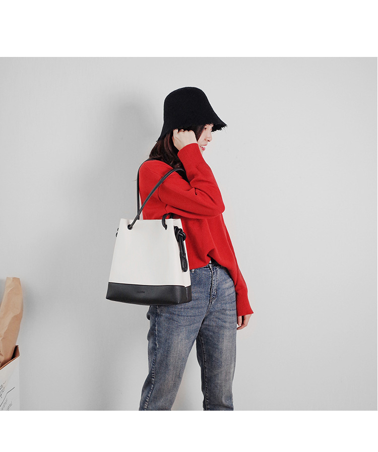 micocah新款女包 文艺简约风拼接大号水桶包 抽绳单肩斜挎包